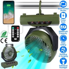 20000mAh Rechargeable Oscillating Camping Fan with Flashlight Hanging Hook Remote Control Portable Fan for Tent Emergency Power Bank Desk Fan wit (Type: Camping Fan)